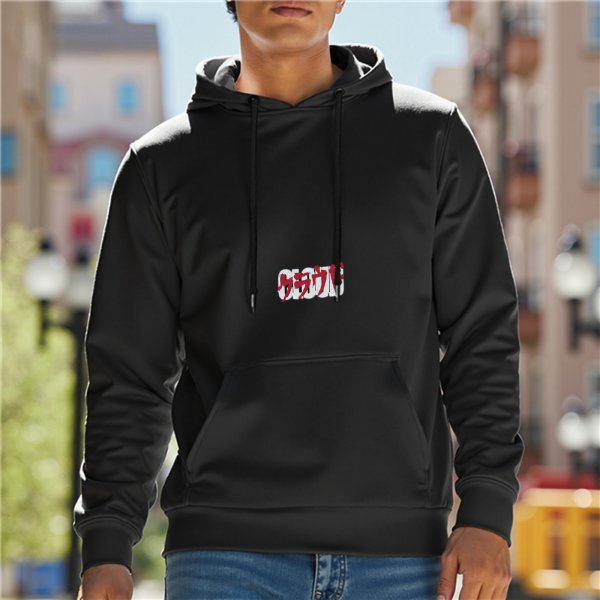 Black hoodie with red and white graphic chest print