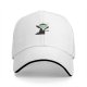 Black baseball cap with sad cartoon vampire holding blood bag print