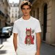Olive T-shirt with a tabby cat in a devil hood and skull cat graphic