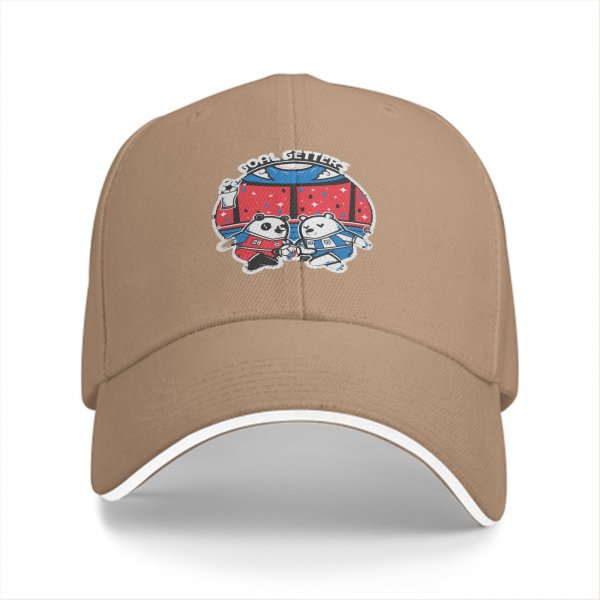 Black baseball cap with soccer panda and bear 'Goal Getters' graphic