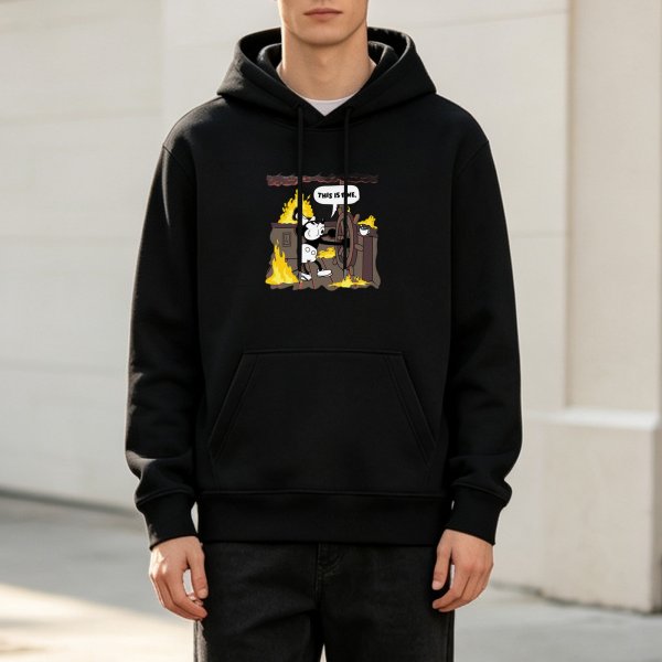 Black hoodie with Steamboat Willie cartoon on burning ship wheel graphic