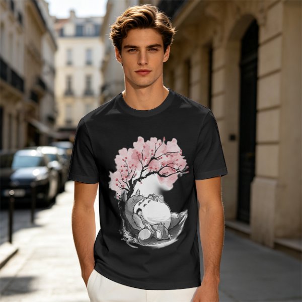 Olive T-shirt with Totoro and Cherry Blossom Tree Art Print