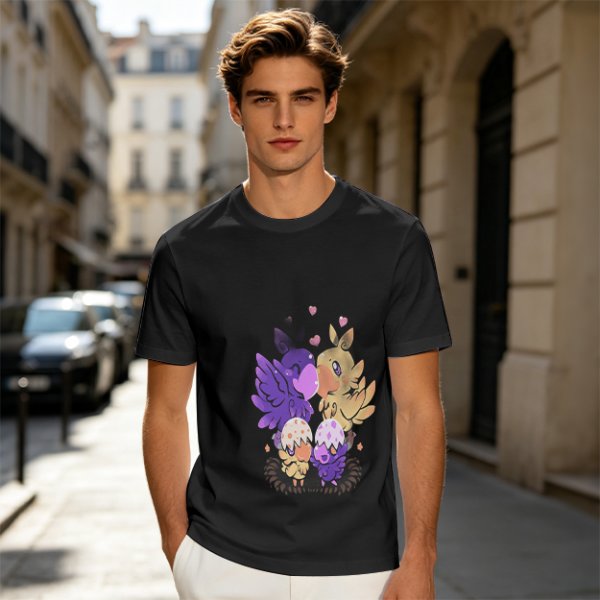 Olive T-Shirt With Cute Fantasy Bird Family Print