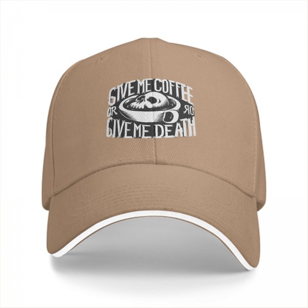 Black baseball cap with 'Give Me Coffee Or Give Me Death' skull graphic