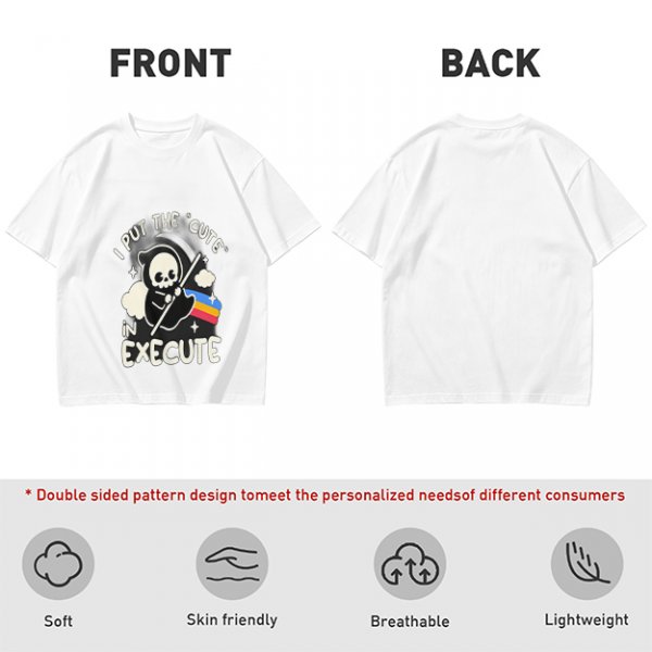 Olive t-shirt with cute grim reaper 'I put the cute in execute' print