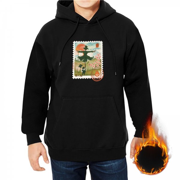 Black hoodie with whimsical stamp-style fantasy artwork print