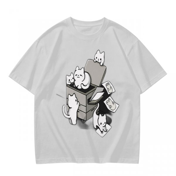 Olive T-Shirt With Playful Cats Emerging From Printer Graphic