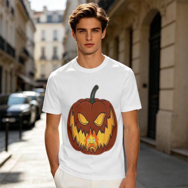 Olive Green T-Shirt With Scary Jack O' Lantern Pumpkin Print