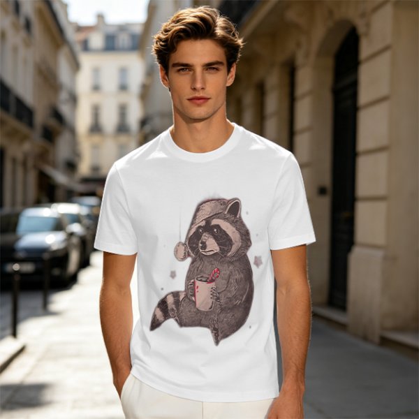Olive T-Shirt With Raccoon In Santa Hat Holding Mug Print