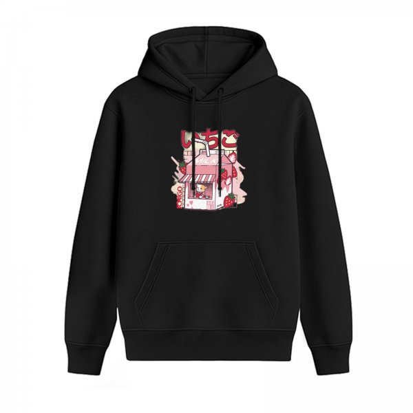 Black hoodie with cute strawberry milk carton cat graphic