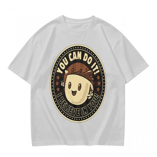 Olive green t-shirt with encouraging coffee character graphic and motivational text