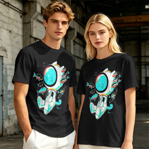 Olive T-Shirt with Astronaut Cat and Fish Graphic Print
