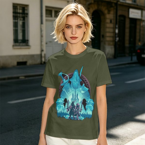 Fantasy warrior ghost print olive green graphic t-shirt