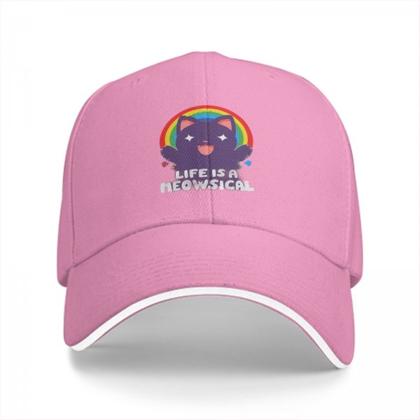 Black baseball cap with cheerful purple cat rainbow and Life is a Meowsical text