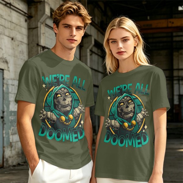 Olive T-Shirt Featuring 'We're All Doomed' and Doom Character Art