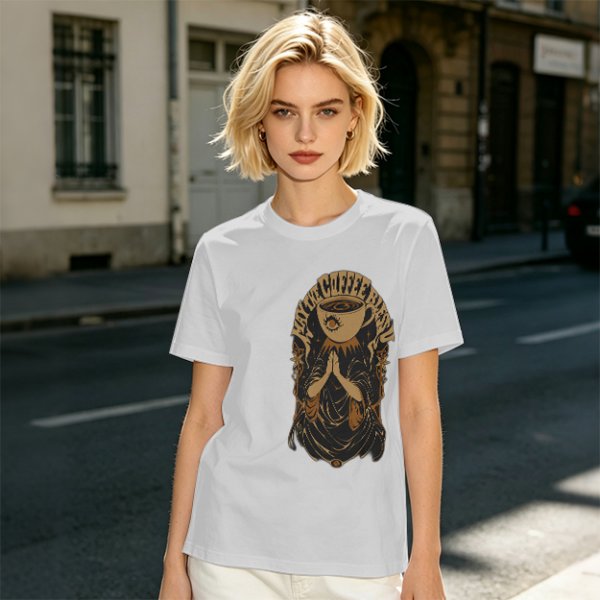 Olive green t-shirt with Pray the Coffee Brew graphic print