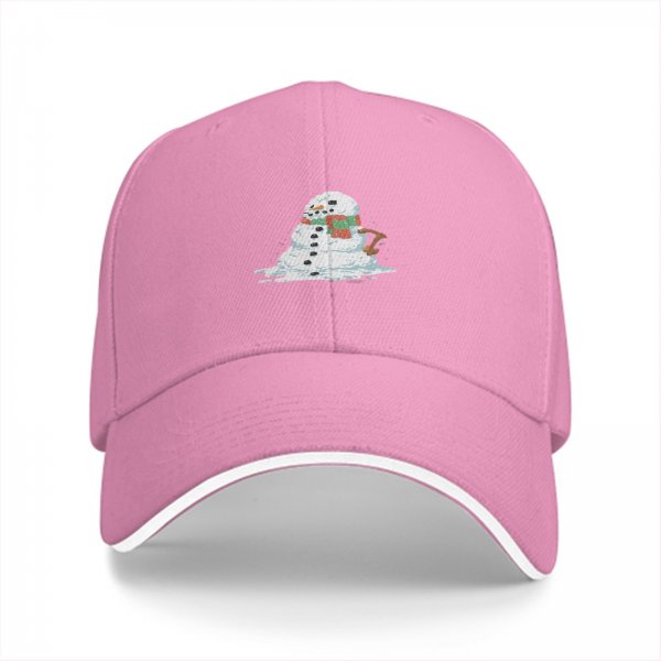 Black baseball cap with a melting snowman graphic for winter style