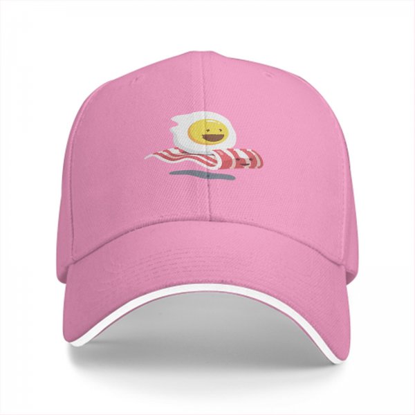 Black Baseball Cap with Smiling Fried Egg and Bacon Print