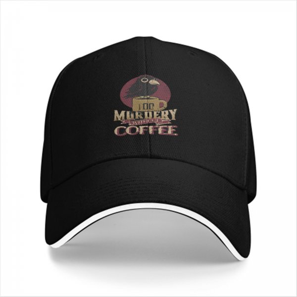 Black baseball cap with 'Too Murdery Without Coffee' crow graphic