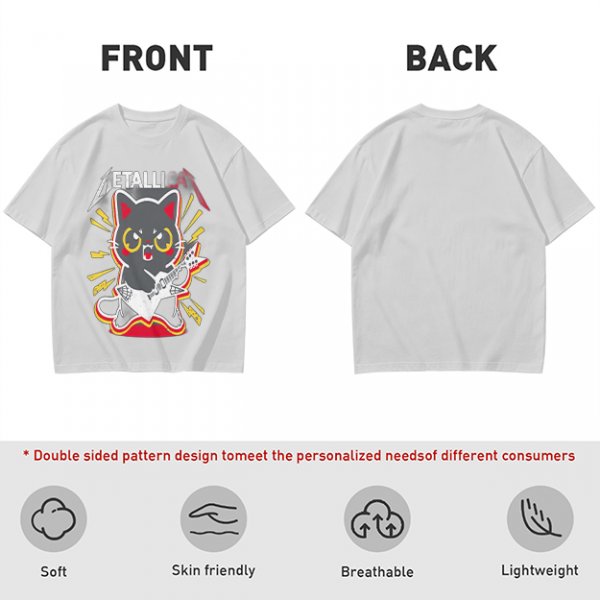 Olive green graphic t-shirt with a cartoon metal cat playing guitar