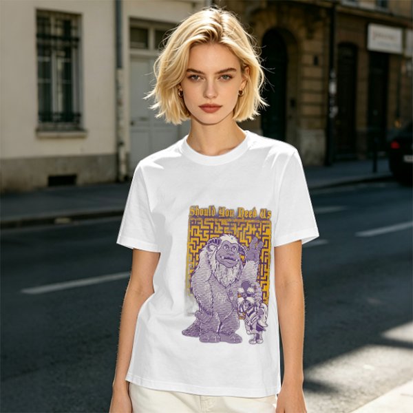Olive graphic tee with maze and fantasy creatures reading Should You Need Us