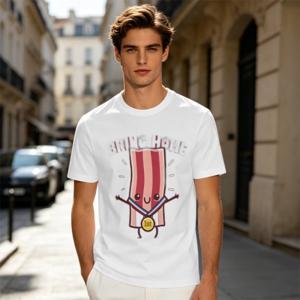 Olive T-Shirt With Cartoon Bacon Champion Medal Print