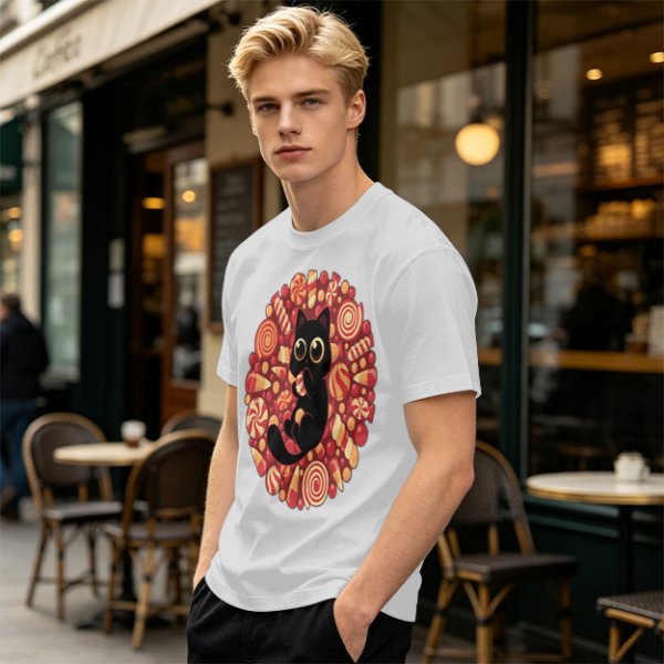 Olive T-Shirt With Cute Black Cat Holding Candy Surrounded By Sweets