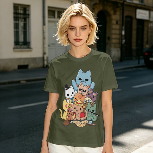 Olive T-Shirt With Chibi Pirate Cats Group Graphic