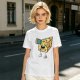 Olive T-shirt with a cartoon cheese taking a selfie and making a peace sign