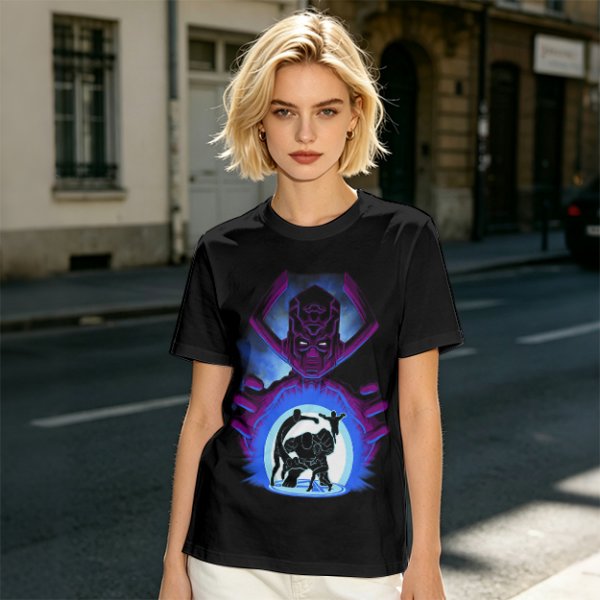 Olive T-Shirt Featuring Galactus Holding Silhouetted Superheroes