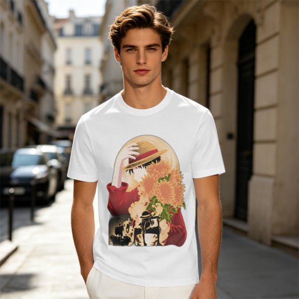 Olive anime graphic t-shirt with straw hat and sunflowers