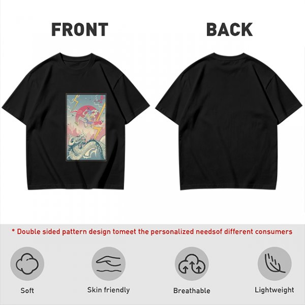 Olive T-shirt with Japanese style dragon and lightning graphic print