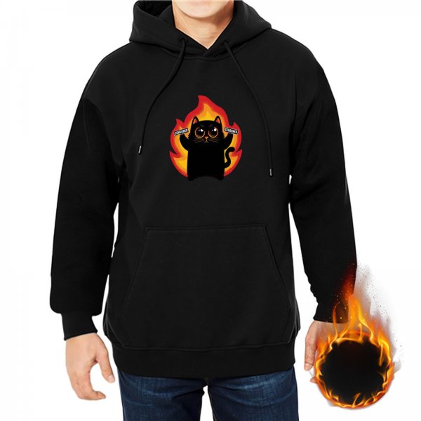 Black hoodie with a cartoon black cat surrounded by flames