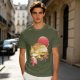 Olive t-shirt with Japanese cat bus and sun graphic