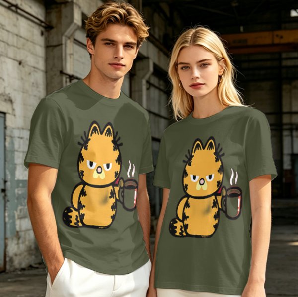 Olive T-Shirt With Grumpy Orange Cat Holding Hot Coffee Print