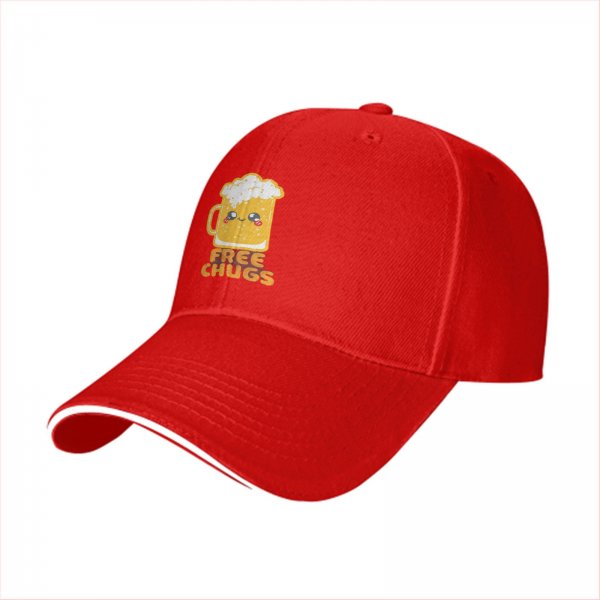 Black baseball cap with cute beer mug graphic and free chugs text