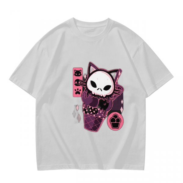 Olive T-Shirt with Skull Cat Ice Cream Graphic Print