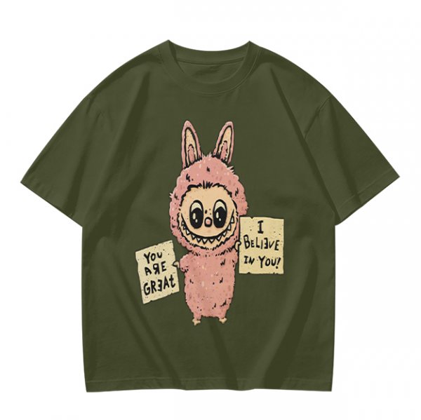 Olive T-shirt with a cute bunny monster holding You Are Great and I Believe In You signs