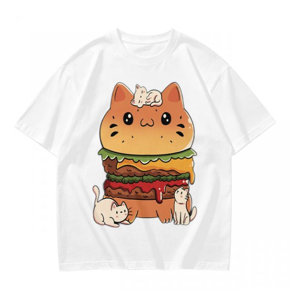 Olive T-Shirt With Cute Cat Burger And Kittens Print