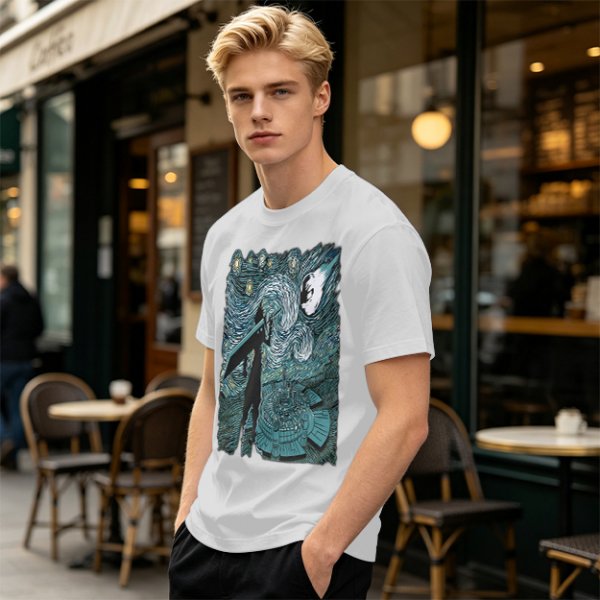 Olive T-shirt with Starry Night Style Fantasy Warrior Print