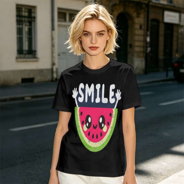 Olive T-Shirt With Cute Watermelon Graphic And Smile Text