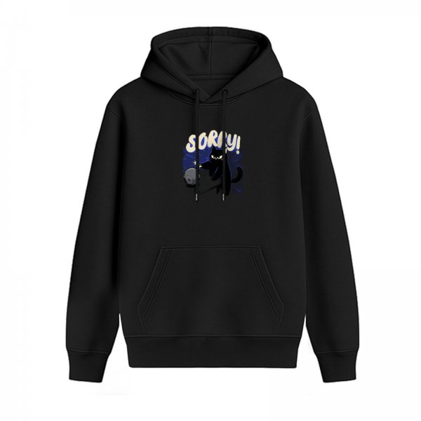 Black hoodie with playful black cat and 'SORRY!' graphic print