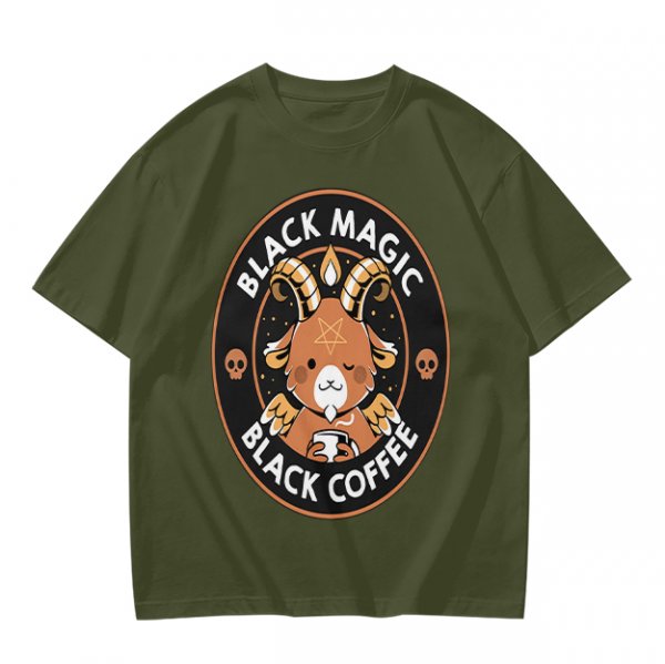 Olive t-shirt with black magic black coffee goat graphic print