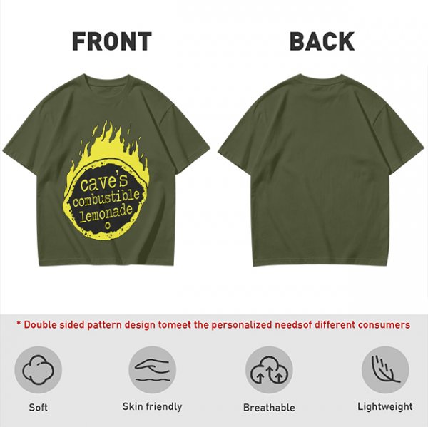 Olive t-shirt with cave's combustible lemonade flame graphic
