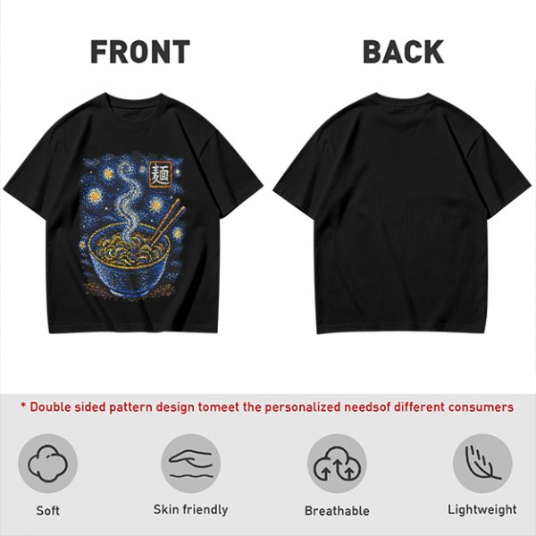 Olive t-shirt with starry night ramen bowl graphic
