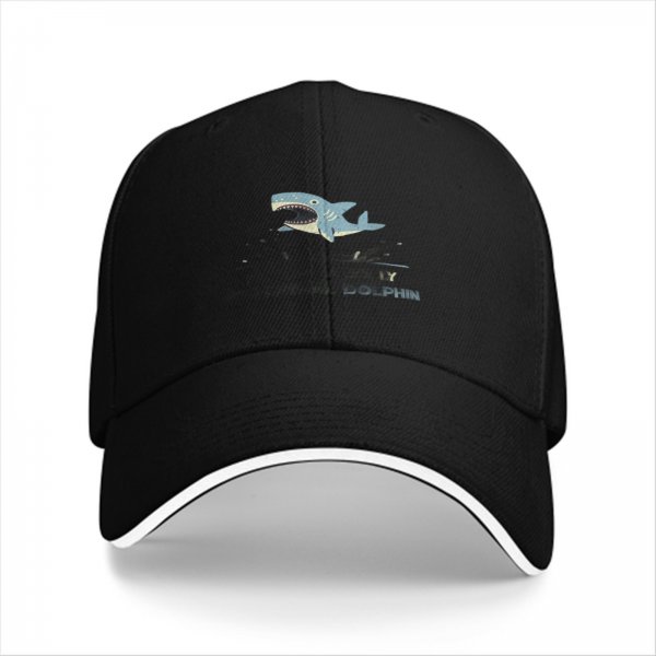 Black Baseball Cap With Shark Graphic And Dolphin Text Print