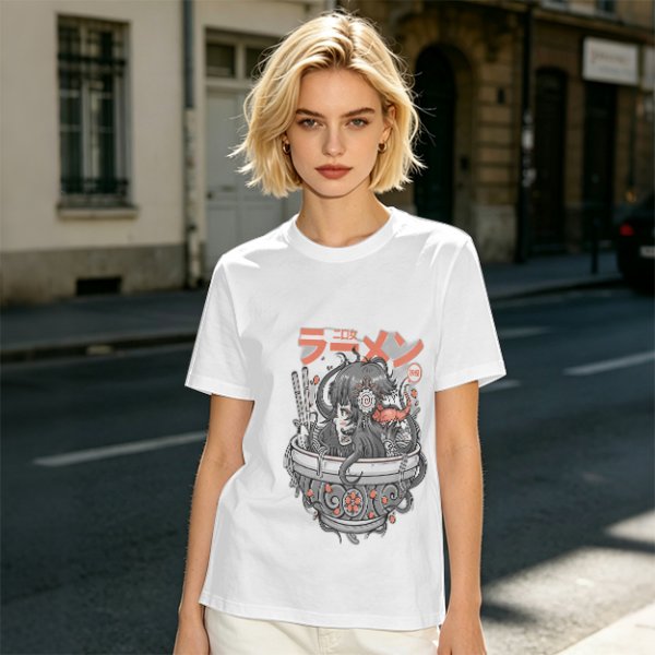 Olive Green T-Shirt with Japanese Ramen Themed Anime Art Print