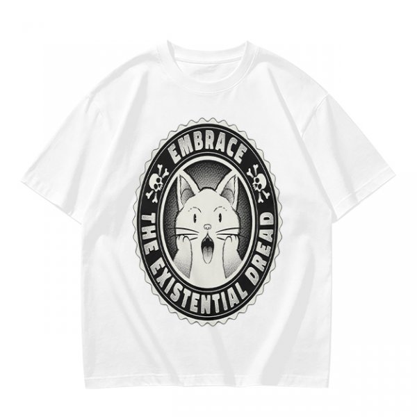 Olive t-shirt with 'Embrace the Existential Dread' screaming cat graphic
