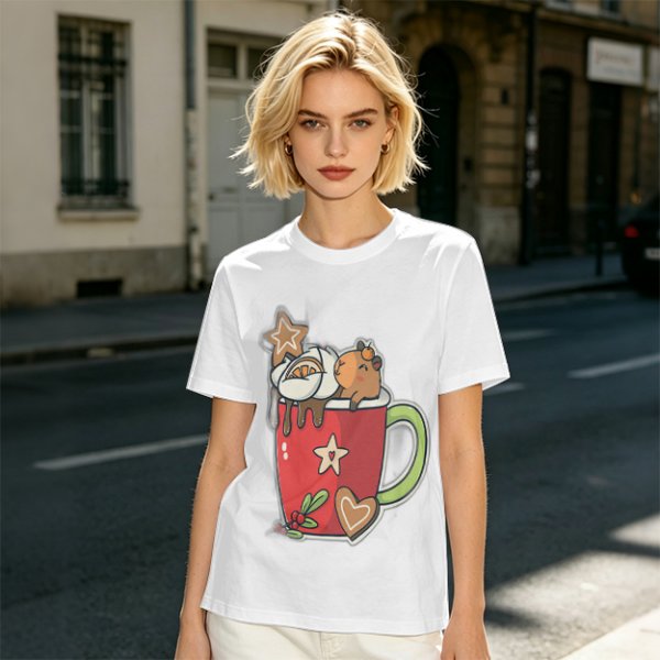 Olive T-Shirt With Cute Capybara In Christmas Hot Cocoa Mug Print
