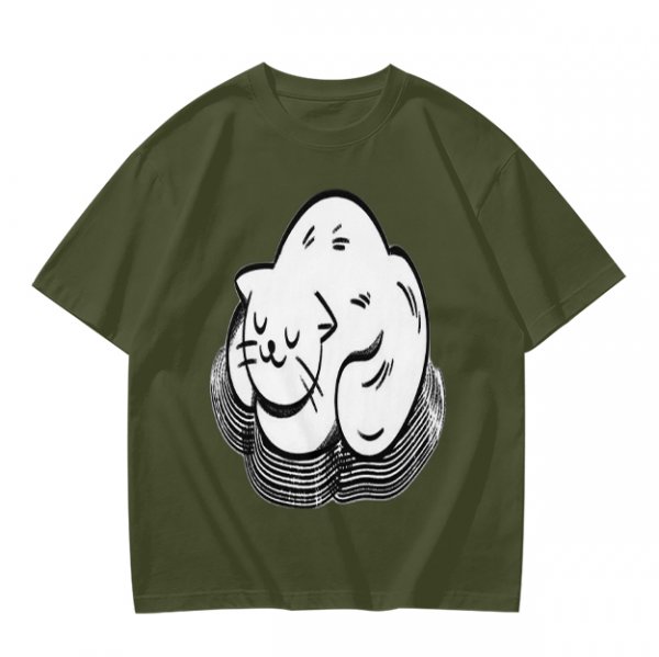 Olive Green T-Shirt With Sleeping Curled Cat Graphic Print